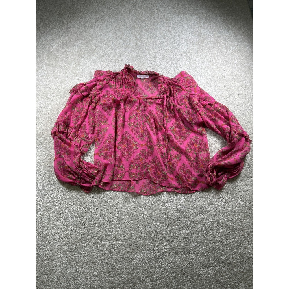 Olivaceous Womens Pink Floral Long Sleeve‎ Boho Ruffle Sheer Top Fairy Whimsy